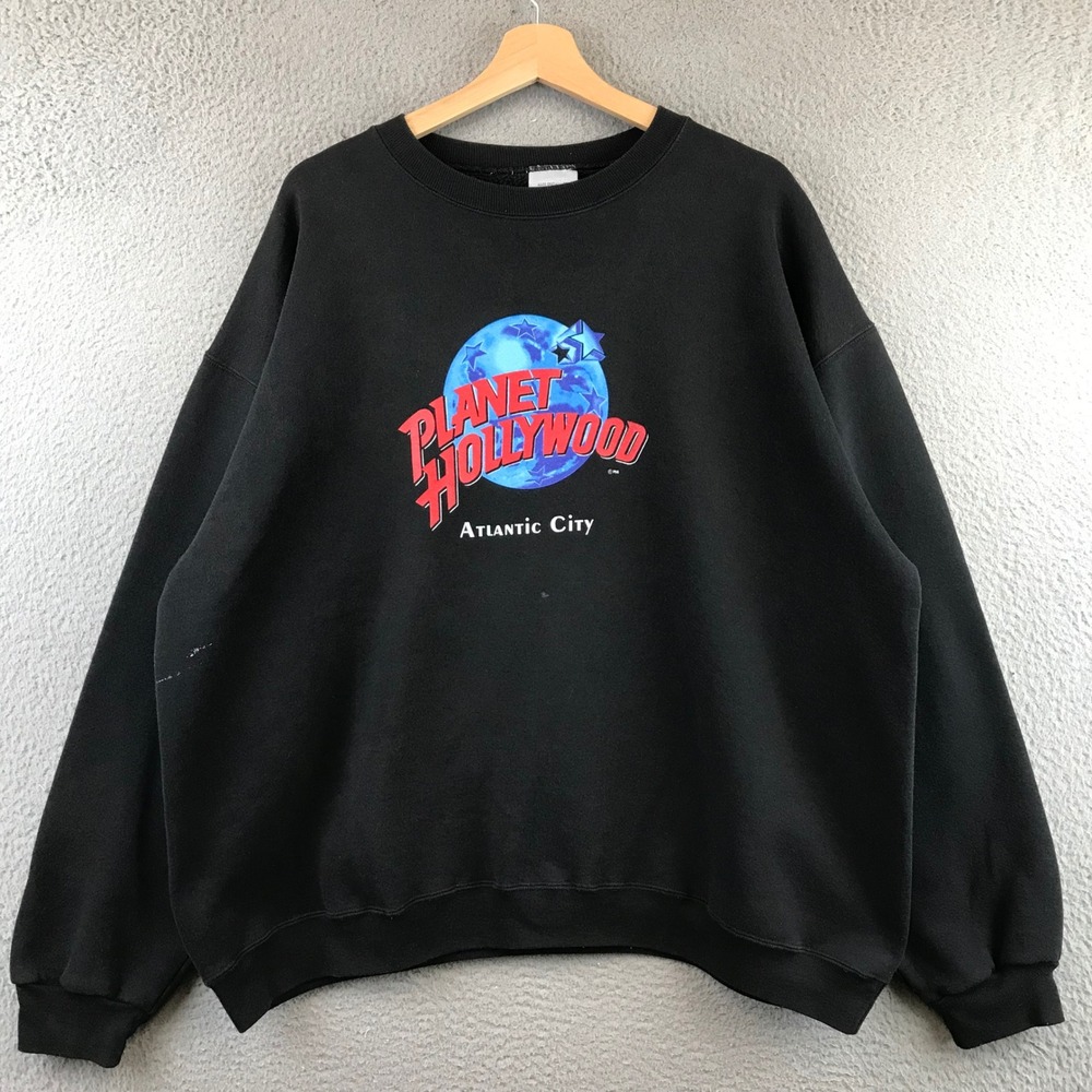 Vintage Planet Hollywood Atlantic City Black Graphic Crewneck Sweatshirt XXL Men
